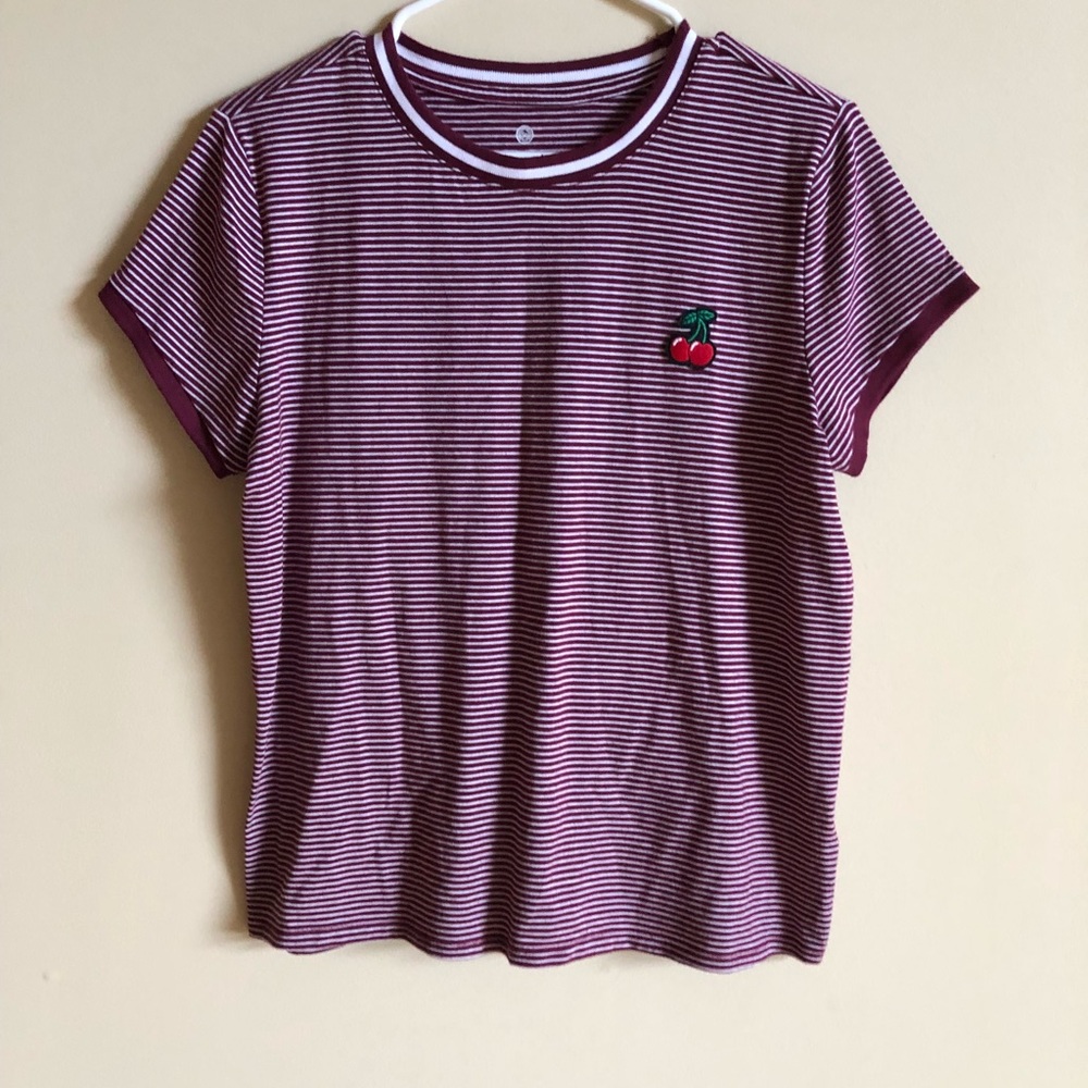 Maroon and white stripped tee with cherry patch
